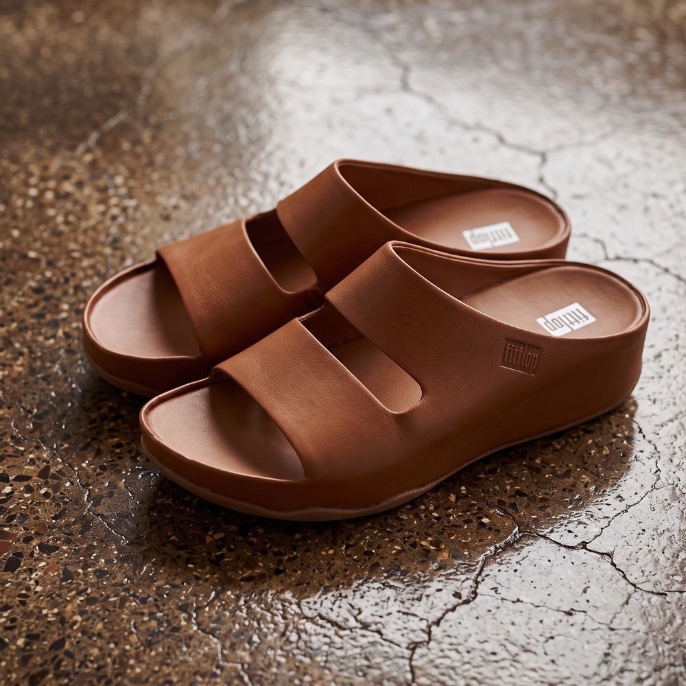 FitFlop Womens Lulu Leather Two-Bar Slides Tan Brown Wedge Sandals  US 8 NWOT